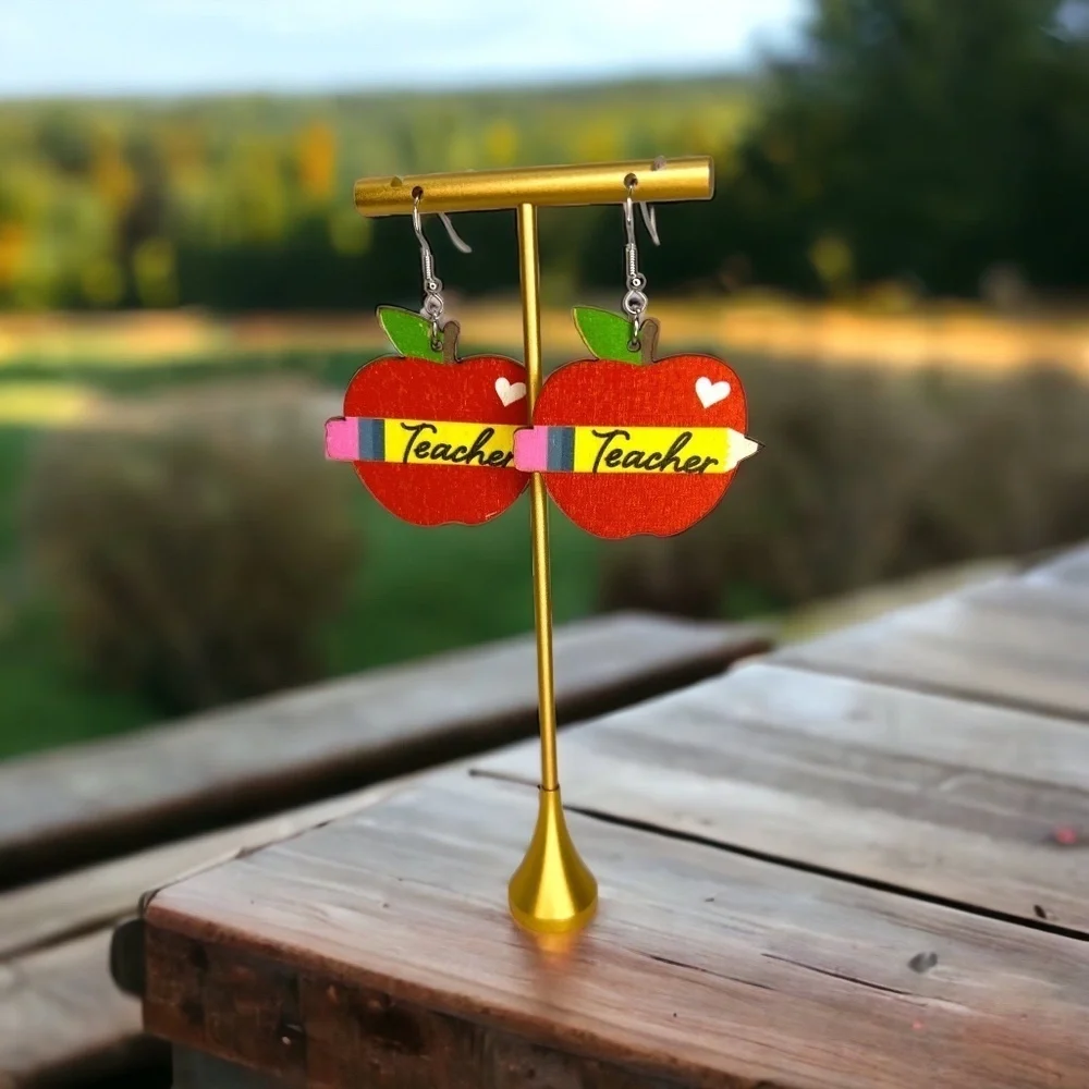 Teacher Apple & Pencil Wooden Earrings Back to School NWT